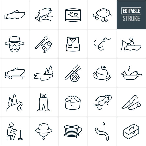 Fishing Thin Line Icons - Ediatable Stroke A set of fishing icons that include editable strokes or outlines using the EPS vector file. The icons include a fishing boat, fish, fish finder, lures, fisherman, fishing reel and rod, fishing jacket, hook, fisherman fishing, lake, fly rod, fishing bubble, fish cooking, river, chest waders, worms, fishing fly, fillet knife, ice fishing, fisherman's hat, fishing line and tackle box. man ice fishing stock illustrations