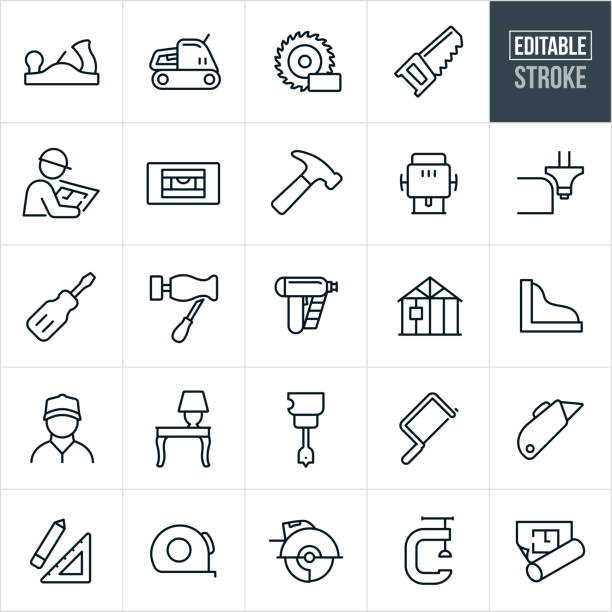 Carpentry Thin Line Icons - Editable Stroke A set of carpentry icons that include editable strokes or outlines using the EPS vector file. The icons include common carpentry tools such as a hand planer, electric sander, saw blade, wood saw, carpenter, level, hammer, hand router, router, screwdriver, chisel, lathe, nail gun, house being constructed, wood work, wood furniture, drill, coping saw, box cutter, ruler, tape measure, vice and floor plan to name a few. carving craft activity stock illustrations