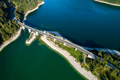 Aerial view of Sylvenstein Bridge, Sylvenstein Lake, Upper Bavaria, Germany