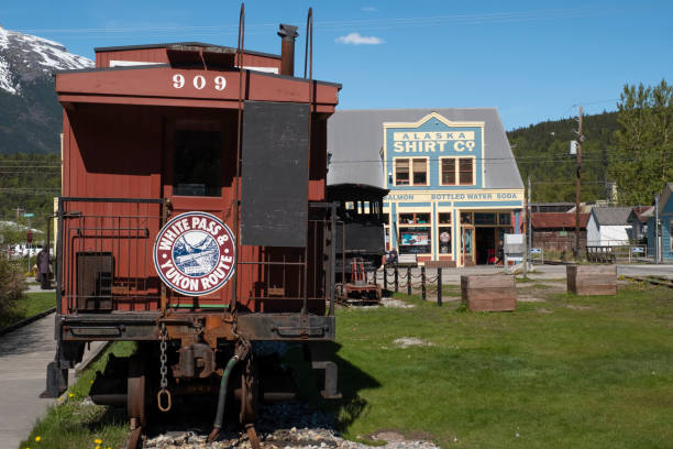 Skagway, Alaska - July 30, 2023: Tourists are enjoying the view from train. White Pass Summit excursion tour train, Alaska, USA.