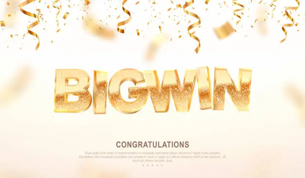 Vector illustration of Big win gold sign vector banner for gambling template. Illustration for casino or online games. Falling down confetti light background with blur motion effect.