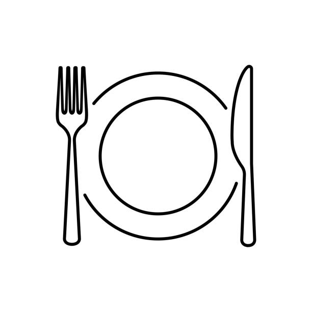 значок линии плиты, ножа, ложки и вилки. иллюстрация вектора - tablespoon stock illustrations