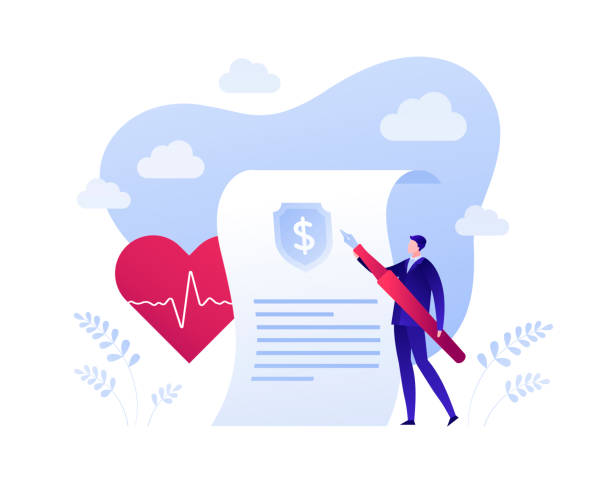 Medical health and life insurance policy business concept. Vector flat person illustration. Businessman holding pen, document, heart with heartbeat sign. Design element for banner, poster, web. Medical health and life insurance policy business concept. Vector flat person illustration. Businessman holding pen, document, heart with heartbeat sign. Design element for banner, poster, web. life insurance stock illustrations