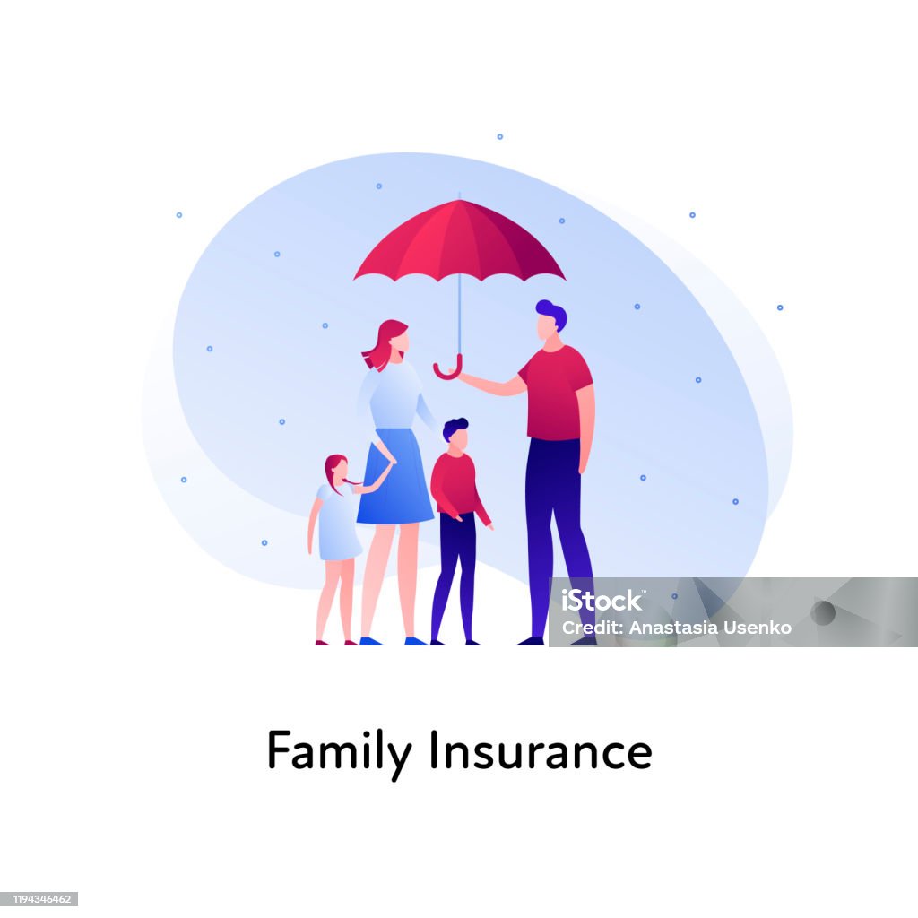 Vector flat insurance banner template illustration. Family person insurance concept. Parents with childs holding umbrella on white background. Business design element for poster, ui, web. Vector flat insurance banner template illustration. Family person insurance concept. Parents with child holding umbrella on white background. Business design element for poster, ui, web. Insurance stock vector