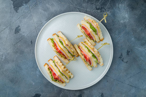 club sandwich on grey table - sandwich club sandwich ham turkey imagens e fotografias de stock