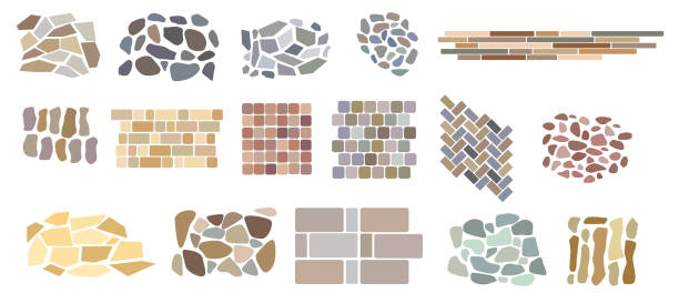 ilustraciones, imágenes clip art, dibujos animados e iconos de stock de conjunto de baldosas de pavimentación vectorial y patrones de ladrillos de piedra natural. - cobblestone