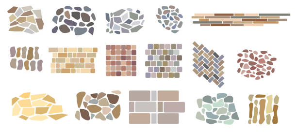 Set of vector paving tiles and bricks patterns from natural stone. Set of vector paving tiles and bricks patterns from natural stone. Elements for landscape design plans isolated on white. Top view. cobblestone stock illustrations