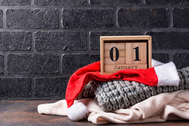 istock 1 January in wooden cube calendar 1194352372