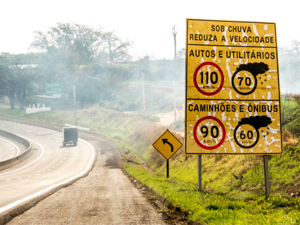 istock Signpost indicating speed limit on dry and wet roads 1194353763