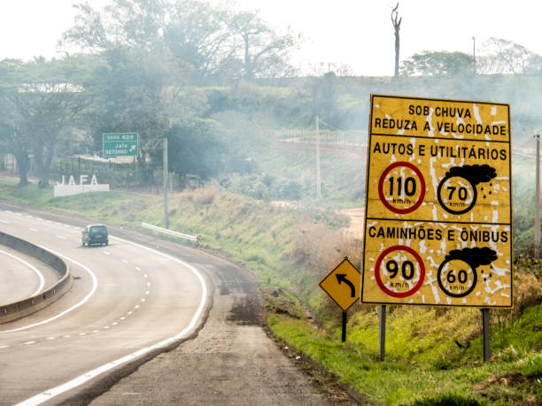 istock Signpost indicating speed limit on dry and wet roads 1194353769