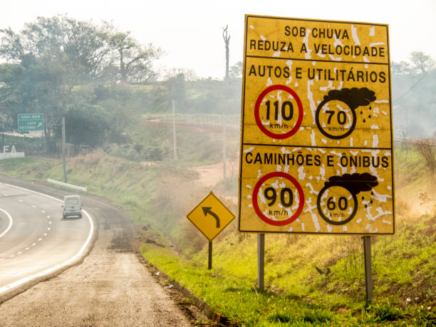 istock Signpost indicating speed limit on dry and wet roads 1194353794