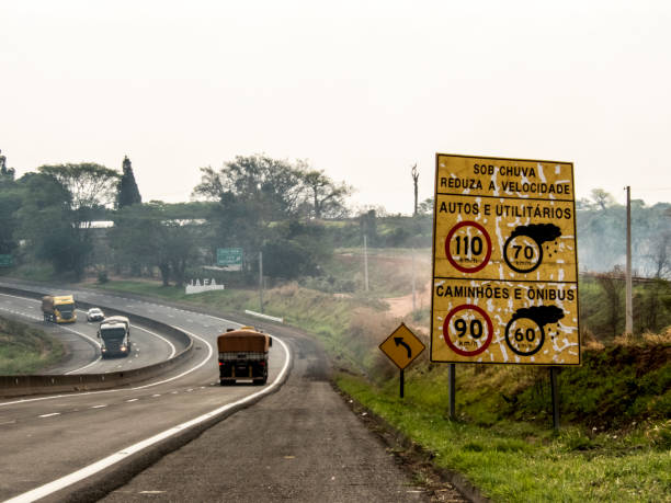 istock Signpost indicating speed limit on dry and wet roads 1194353805