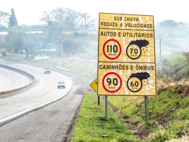 istock Signpost indicating speed limit on dry and wet roads 1194353809