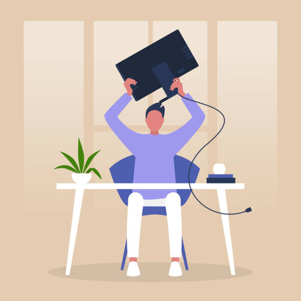 Mental breakdown, anger and despair, young male character throwing a monitor, office life, stress at work Mental breakdown, anger and despair, young male character throwing a monitor, office life, stress at work shocked computer stock illustrations