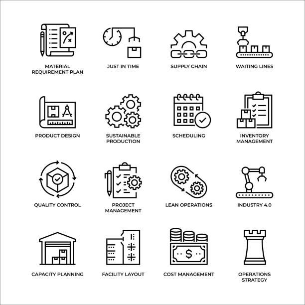 zestaw ikon konspektu zarządzania produkcją - computer icon business service occupation stock illustrations