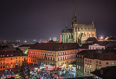 Brno Cityscape with Christmas Market at Night, Czech Republic
