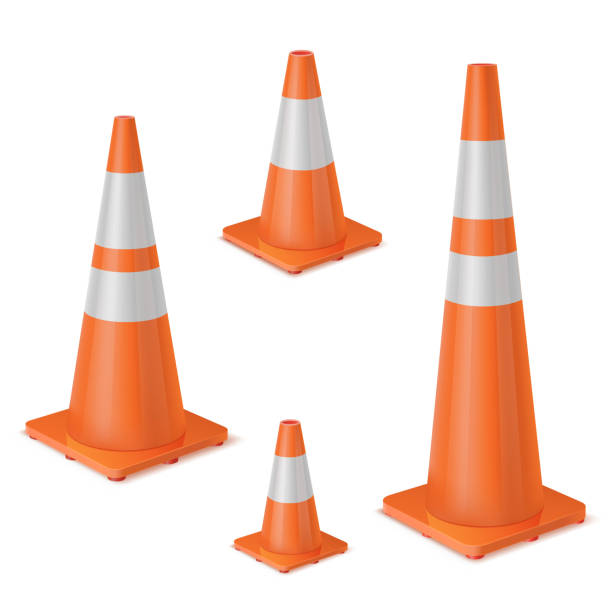Orange realistic road plastic white striped shiny cone. Orange realistic road plastic white striped shiny cone. Equipment to ensure safe movement during road repair or road accident. Vector set on white background. traffic cone isolated road warning sign three dimensional shape stock illustrations