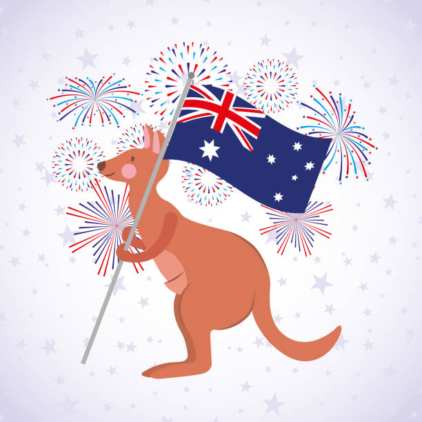 ilustraciones, imágenes clip art, dibujos animados e iconos de stock de canguro con bandera australiana. vector - australia australia day celebration flag