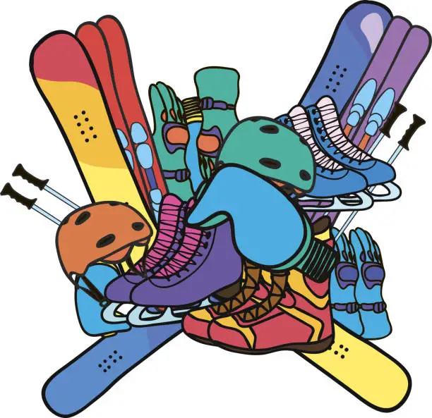 Vector illustration of Winter extreme sports compilation. Icons: helmet, snowboard, ski, gloves, skates. Design for winter activity. Inscription for poster, booklet, banners, flyer, promotions, advertising.