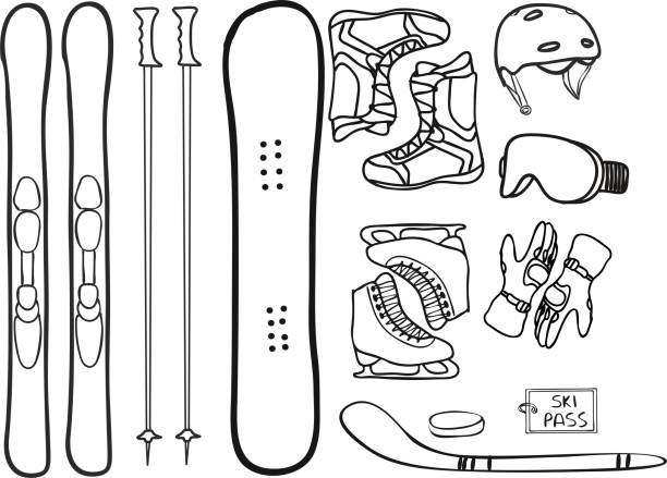 ilustrações, clipart, desenhos animados e ícones de os ícones do esporte do inverno ajustaram-se. os elementos embalam com esqui, pólos, snowboard, carregadores, capacete, vidros, patins de gelo, luvas, passagem de esqui, vara de hóquei e puck. delineie objetos isolados no fundo branco. - ski pole