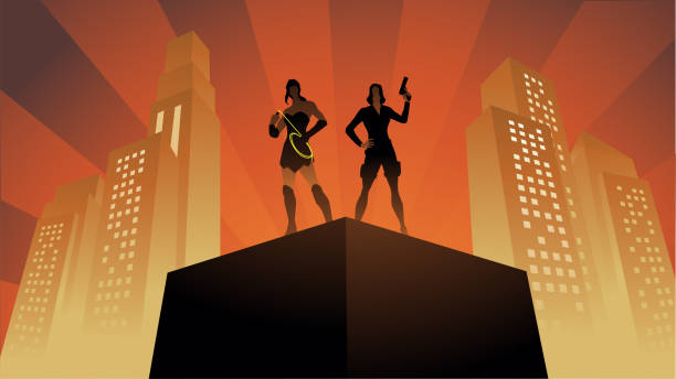 Vector duo Female Superheroes Silhouette Illustration A silhouette style vector illustration of a duo of superheroes standing on a rooftop with skyscrapers in the background. Wide space available for your copy. decoteau stock illustrations