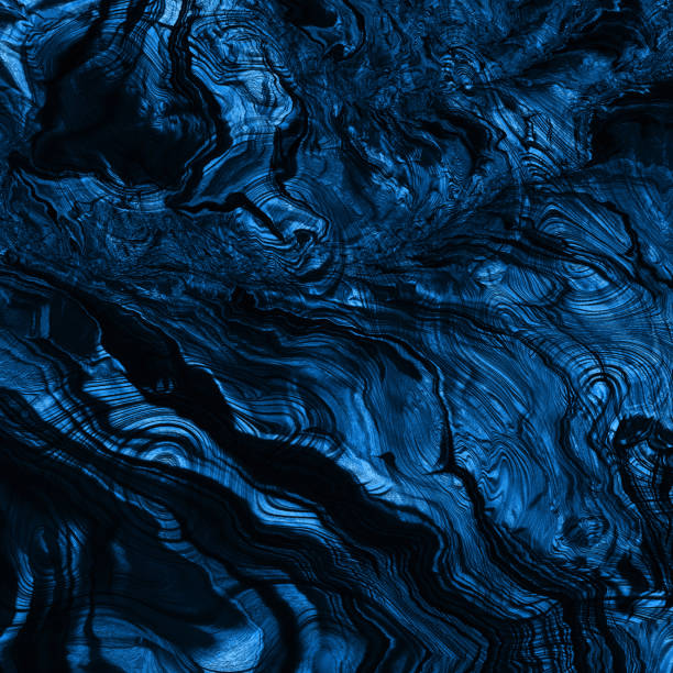 blaue klassische stein marine mineral dunklen klippe trendige farbe des jahres 2020 abstrakte verfestigte lava formation kreis rippled stripe mountain muster close-up ombre textur fantastische planet landschaft fraktal entarsien - flüssig fotos stock-fotos und bilder