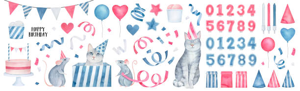 ilustrações de stock, clip art, desenhos animados e ícones de big "happy birthday" collection with funny animals, cake, trick candles, hanging garland, lots of streamers, ballons, love heart symbols, festive caps. hand drawn watercolour paint, isolated elements. - party hat hat white background blue