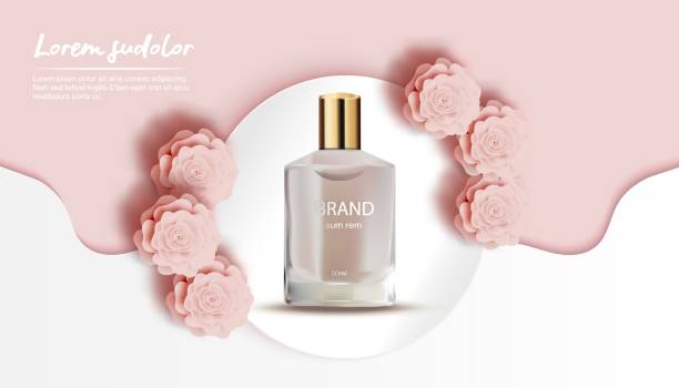 istock Perfume with peach rose and white wave background-Flower Paper Cut Banner-Vector Illustration 1194372382
