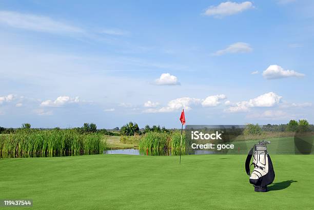 Golffeld Mit Roter Flagge Und Tasche Stockfoto und mehr Bilder von Blau - Blau, Farbbild, Flagge