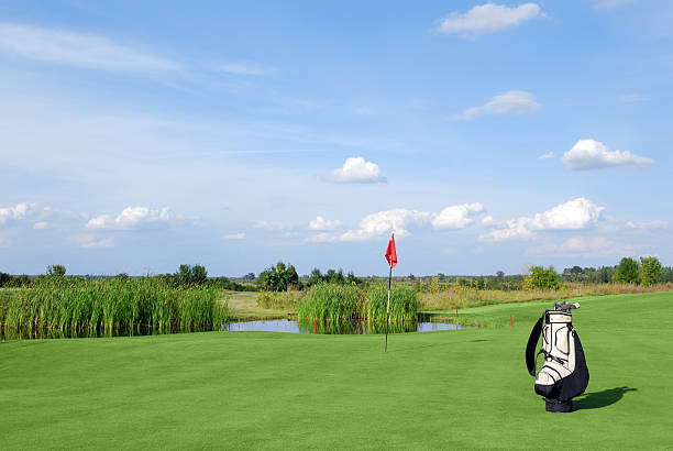 istock golf field with red flag and bag 119437544