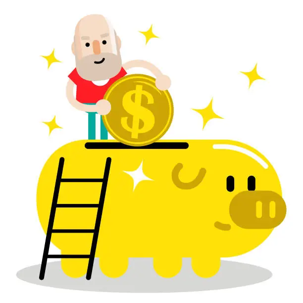 Vector illustration of Senior man and retirement plan, elderly businessman putting a large dollar sign coin currency into a big piggy bank