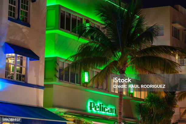 Miami Beach Night Art Deco Stock Photo - Download Image Now - Antique, Architectural Feature, Architecture