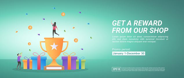 Reward and promotion programs. Get awards by shopping online. Gifts for loyal customers. Suitable for web landing page, marketing, advertising, promotion, banner. Vector illustration