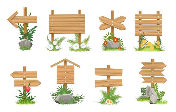 ilustraciones, imágenes clip art, dibujos animados e iconos de stock de señales de madera en hierba - arrow sign road sign fence