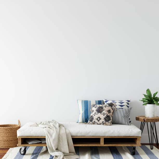 istock Wall mockup. Coastal Scandinavian interior style. 3d rendering, 3d illustration 1194387632