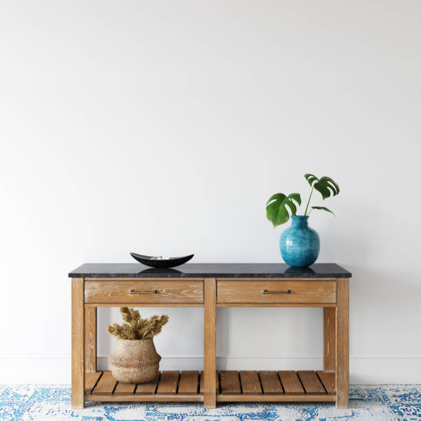 istock Wall mockup. Coastal Scandinavian interior style. 3d rendering, 3d illustration 1194387690