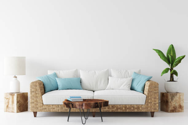 istock Wall mockup. Coastal Scandinavian interior style. 3d rendering, 3d illustration 1194387694