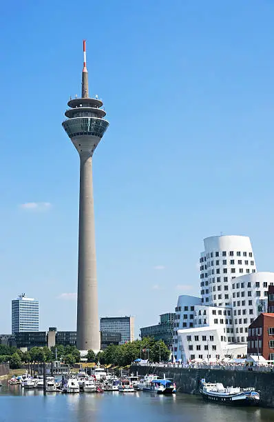 Media Port (Medienhafen) and Rheinturm tower Dusseldorf