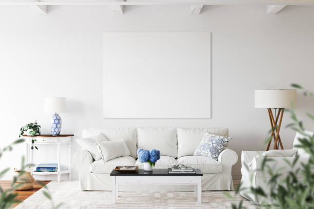 istock Canvas mockup. Coastal Scandinavian interior. 3d rendering, 3d illustration 1194388351