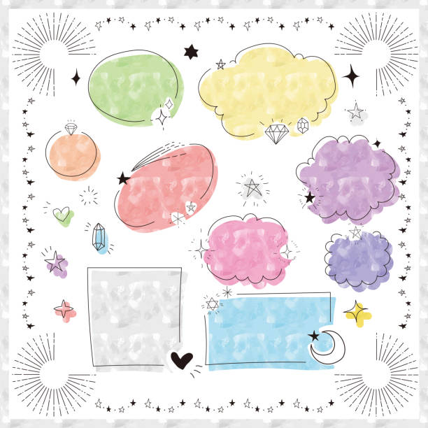 Set of hand drawn glitter icons and speech bubbles Rough and simple hand drawn icons and speech bubbles set rainbow borders stock illustrations