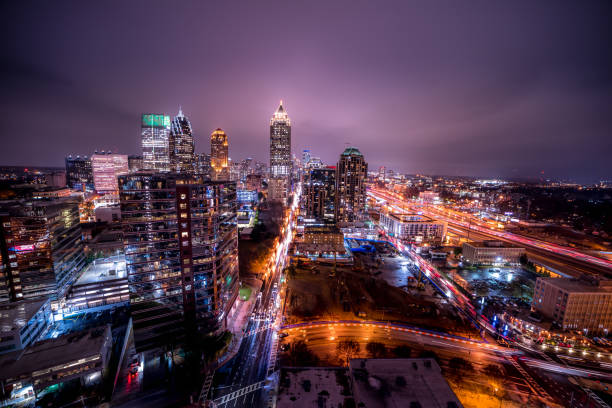 Ultra wide angle long exposure night in downtown Atlanta stock photo