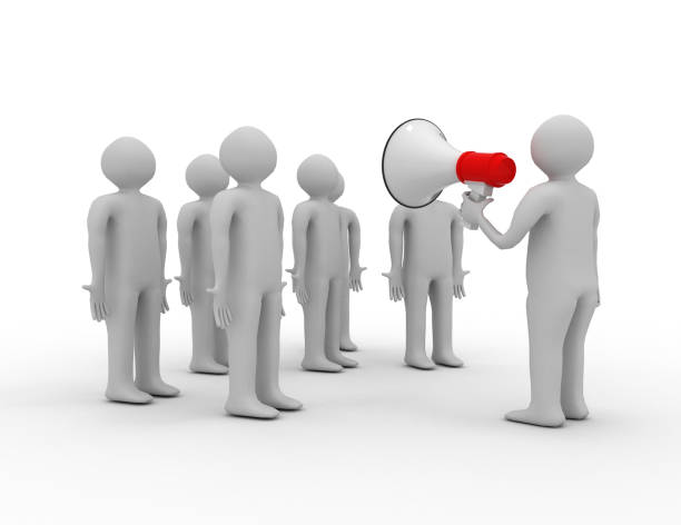 istock 3d people- human character speaking at megaphone in front of the crowd. 3d render illustration 1194393915