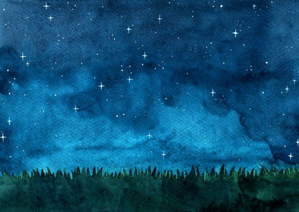 ilustrações, clipart, desenhos animados e ícones de prado da grama com fundo noturno da pintura da mão do aquacolor do céu. - spring clear sky night summer