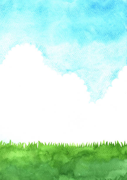 istock Green grass meadow with cloud sky watercolor hand painting background. 1194399211