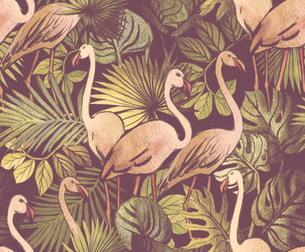 Seamless watercolor pattern with tropical flowers, magnolia, orange flower, vanilla orchid, tropical leaves, banana leaves, 
flamingo