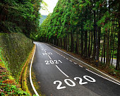 2020 to 2043 on highway and white marking lines in the forest