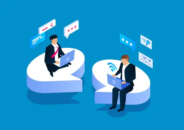 Vector illustration of Two businessmen sitting on a speech bubble communicating