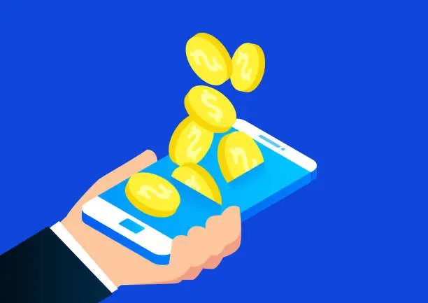 Vector illustration of Gold coins keep falling into the phone