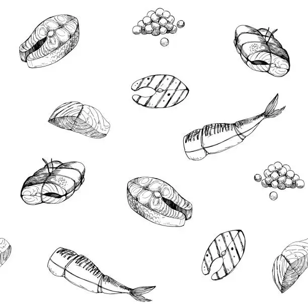 Vector illustration of Fish food, salmon, steak, filet. Hand drawn outline converted to vector. Isolated on transparent background