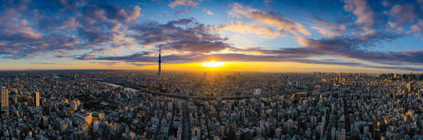 Tokyo Cityscape with Tokyo Sky Tree visible in Tokyo city, Japan on sunrise. Aerial panorama view by drone of Tokyo Cityscape with Tokyo Sky Tree visible in Tokyo city, Japan on sunrise. tokyo prefecture tokyo tower japan night stock pictures, royalty-free photos & images